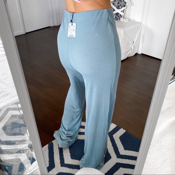 π ZARA TALL BOHO DUSTY BLUE SHEER HIGH WAIST WIDE LEG PANTS! - Picture 3 of 8
